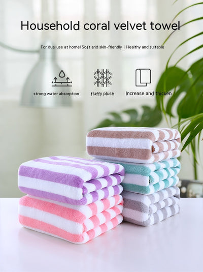 Coral Fleece Wide Striped Edge Soft Absorbent Thickening Lint-free Face Washing At Home Towels